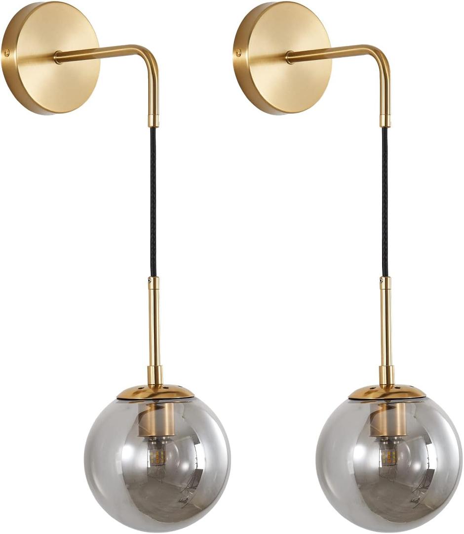 KCO Lighting Modern Glass Globe Wall Sconce Minimalist Gold Wall Mounted Sconce Light with Smoke Grey Lampshade Round Wall Lamp for Bathroom Mirror Bedroom (Smoke Grey-2PC) (1-Smoke Gray)