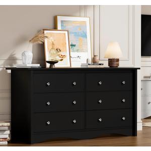 Flamaker Dresser for Bedroom, 6 Drawer Dresser, 47.2'' Wood Dressers, Wide Chest of Drawer, Storage Drawers, Storage Organizer for Closet, Hallway (Black)