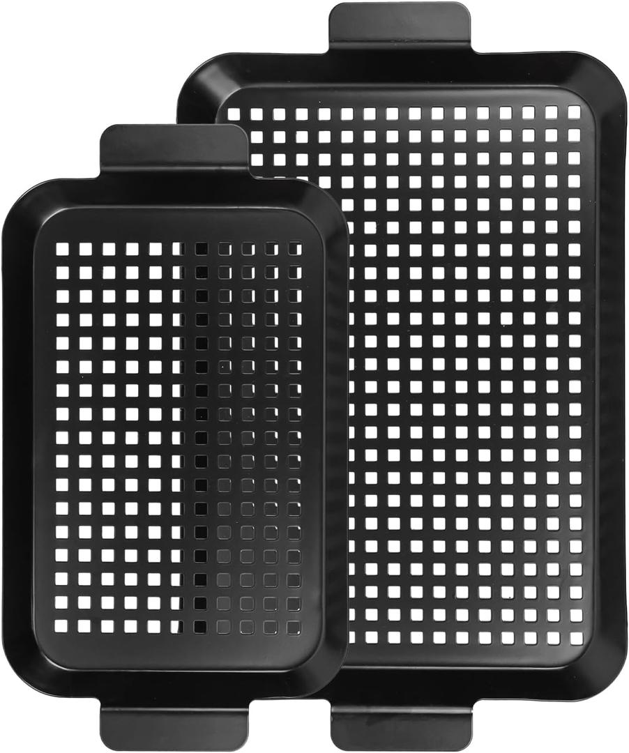 Outdoor Grill Pans Tray Barbecue Plate 2 Grilling Baskets Outdoor Grill Pans with Hole BBQ Grill Tray Grilling Basket Set for Camping Vegetable Meat (dark black)