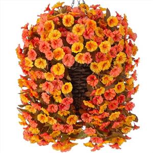 Artificial Fall Fake Hanging Flowers Plants Basket for Outdoor Autumn Decoration, Faux Silk Morning Glory Long Stems Vines Realistic UV Resistant for Outside Home Porch Garden (Fall Orange+Yellow)