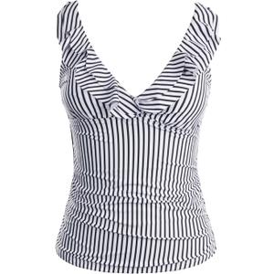 Yonique Women's Tankini Top Only Tummy Control Bathing Suit Top Ruffle Swimsuit Top V Neck Swim Tank Top No Bottom (Large, Black and White Stripes)