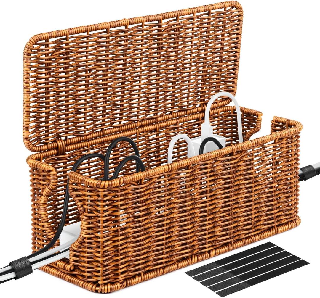 Cable Organzier Box, Handwoven Imitation Rattan Power Strip Cover Cable Management Box, 2 Open Slots Cord Organizer Box Cord Storage Basket for Computer Router USB Hub and Power Strip