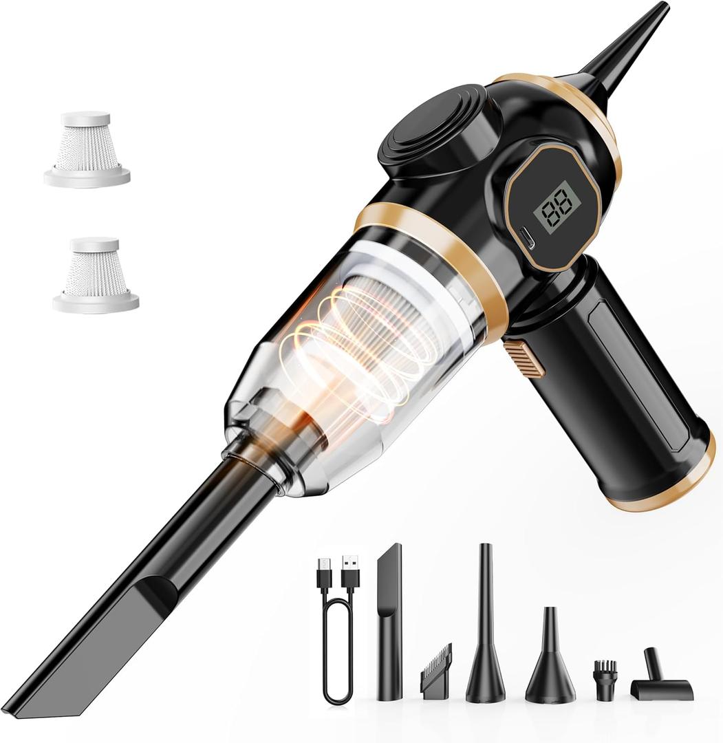 Brushless Motor Portable Cordless Car Vacuum Cleaner 25000 Pa High Power, LCD Display, Rechargeable Handheld Vacuum for Car, Home, Office | Efficiently Removes Pet Hair, Sofa (Black & Gold)