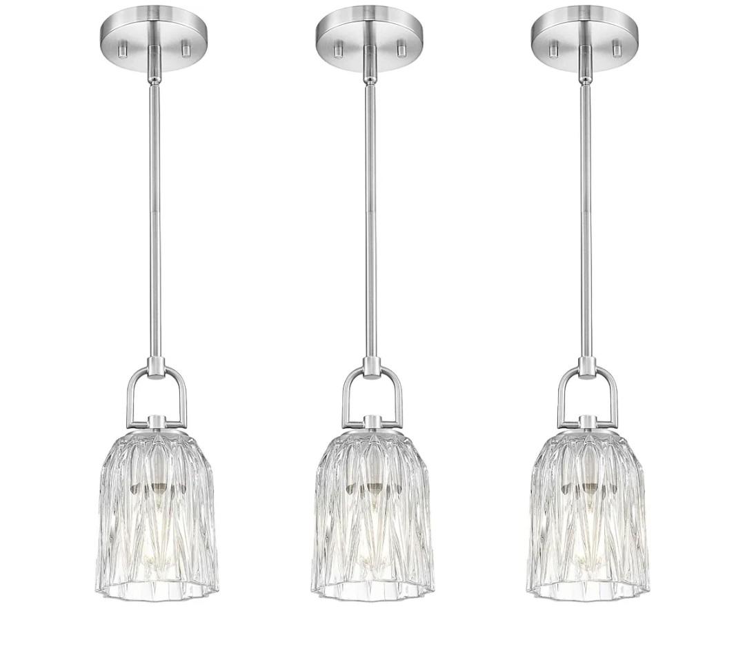 FEMILA 3 Pack Pendant Lights Kitchen Island, Brushed Nickel Glass Pendant Light for Kitchen Island Bedroom Hotel, 4FH83MIL3PK BN