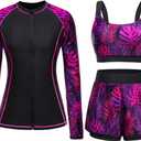 Black Purple Leaf 3 Piece Rash Guard for Women - Long Sleeve Swimsuits with Shorts SPF Zip up Swim Shirt with Built in Bra M