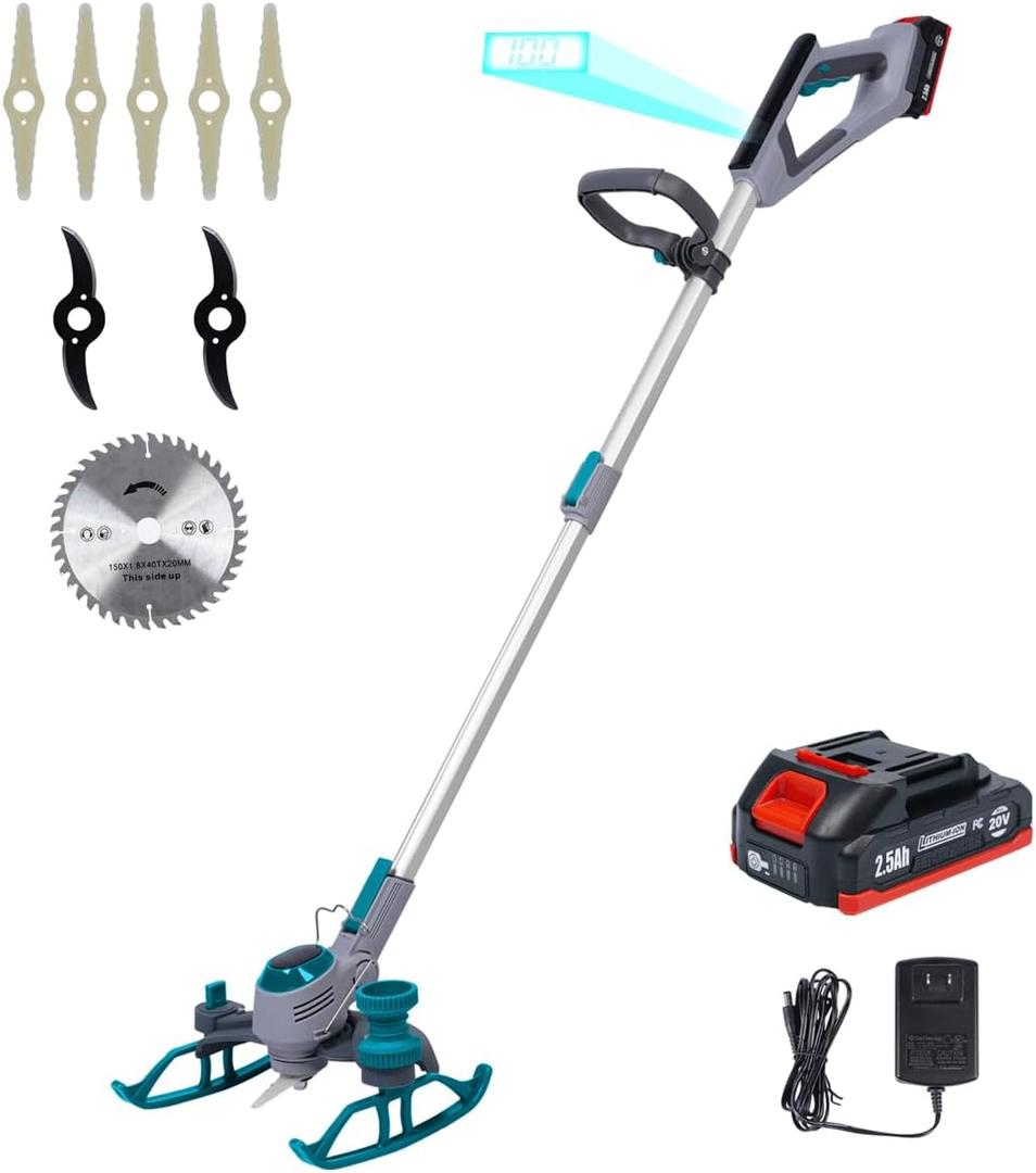 Cordless Weed Wacker, 20V MAX* 2.5Ah Battery Powered Weed Trimmer with Blades, Runing Time 45-60mins, Weight only 5.2 lbs, Edger/Mower in 1