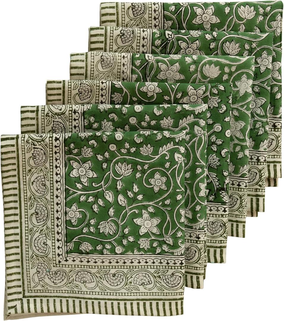 Handblock Print Patterned Cotton Cloth Napkins Set of 6, Washable, Reusable Napkins for Cocktail Parties, Home, Restaurant, Hotel, Event & Everyday Lunch, Dinner, 18" x 18" (Pine Green Floral)