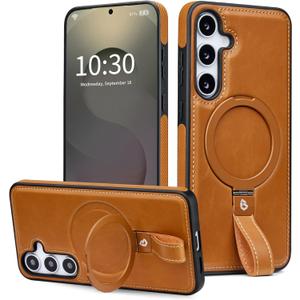 for Samsung Galaxy S25 and S24 Leather Case with Stand, Anti-Slip Grip Ring, Fits for MagSafe (Brown, S25/S24-6.2inch)