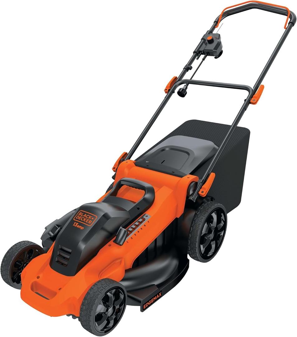 BLACK+DECKER 20-Inch Corded Electric Lawn Mower, Ultra Light Push Mower, 13-Amp High Output Motor, 3 in 1 Cutting Versatility, Tool Free Height Adjustment, 7-setting Cutting Height (MM2000)