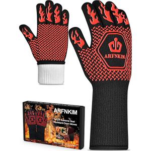 BBQ Oven Gloves, 1472 3-Layers Heat Resistant Oven Mitts Silicone Non-Slip Cooking Gloves for Barbecue, Grilling, Baking, Welding, Smoker (A Pair) (Red)