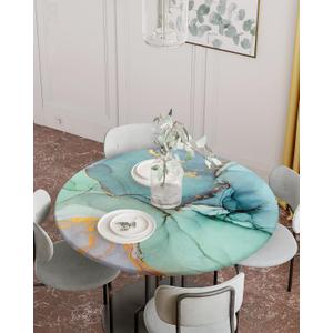 Turquoise Fitted Round Marble Table Cloth,Gold Gradient Cracked Kitchen Cover with Elastic Edge Waterproof Cloth,Modern Abstract Art Circle Covers for Indoor Outdoor 45-54in,Teal Marble