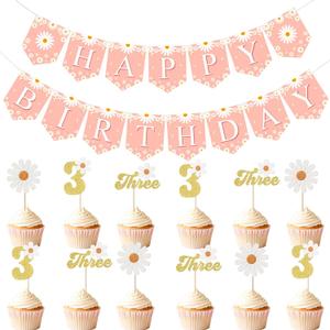 Daisy Happy Birthday Party Banner -12 Piece Daisy 3rd Birthday Cupcake Decorations Set for Baby Shower Floral Theme Boho Party Decor Supplies