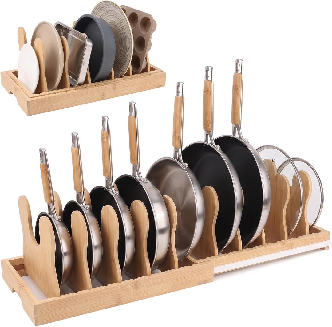 MEKER Pot Lid Holders, Cabinet Organizer for Food Contanier Lid, Bamboo Expandable Bakeware for Under Cabinet, Adjustable Dividers, Pot Lids Holder Rack, Cookie Sheet Baking Pan, Tray Organizer, 10PCS