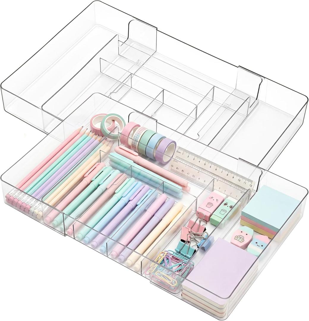 2 Pcs Large Expandable Acrylic Drawer Organizers, Grid Adjustable Drawer, Dividers Organizer for Desk, Makeup, Jewelry, Office, Kitchen Supplies (Clear,8 Compartments)