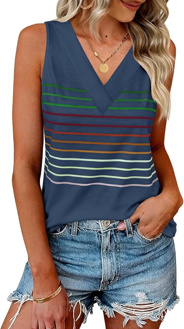 Women V Neck Tank Tops Summer Sleeveless Tunic Casual Basic Shirts True Classic Tees Cute Trendy Clothes (Small, Blue-stripe)