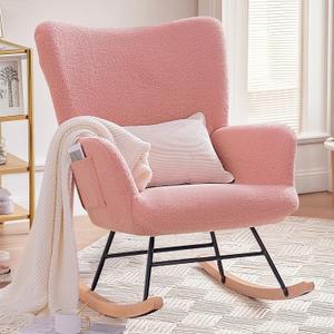 VECELO Rocking Chair Nursery Teddy Upholstered Glider Rocker with High Backrest, Padded Seat, Side Pocket, for LivingRoom, Bedroom, Baby Room (Light Pink)