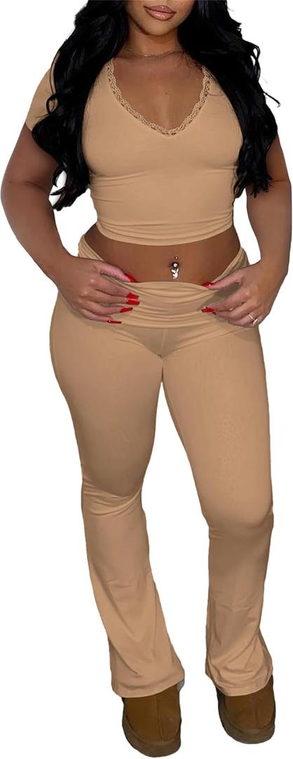 Lybiogs Pajamas Sets for Women 2 Piece - Sexy Two Pc Outfits Short Sleeve Crop Tops Fold Over Pants Loungewear Pjs Khaki Medium