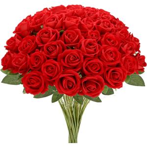 MERIXMAS Roses Artificial Flowers, Fake Velvet Silk Roses in Bulk for Home Decor Indoor, Fake Roses Realistic Flowers with Stems for Wedding Centerpiece Party Decor (24, Red)