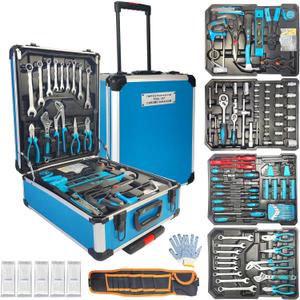 Arcwares 799pcs Aluminum Trolley Case Tool Set Silver, House Repair Kit Set, Household Hand Tool Set, with Tool Belt (Blue)