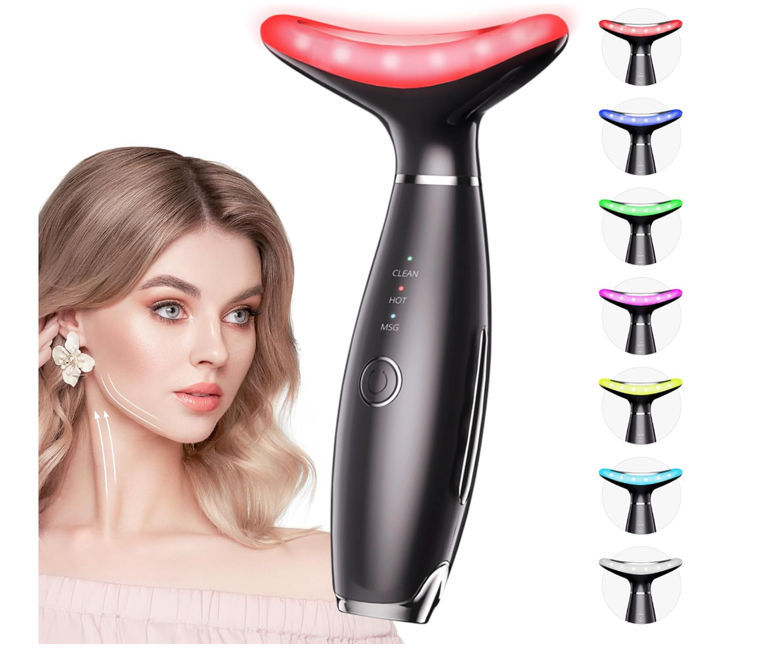 Dopsikn 7 Color Galvanic Machines  Red Light Therapy for Face and Neck, Face Massager Tool for Wrinkles, Double Chin, Vibrating Facial Massager with Thermals, Black