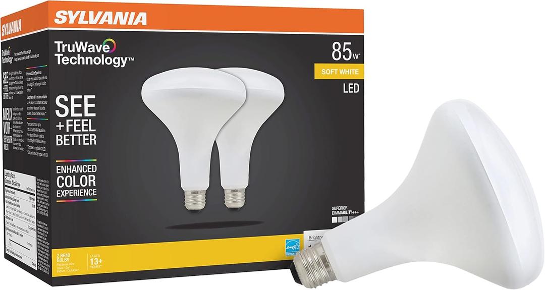 Sylvania TruWave BR40 LED Light Bulb, 85W = 12W, Medium Base, Dimmable, Frosted, 2700K, Soft White - 2 Pack (40785)
