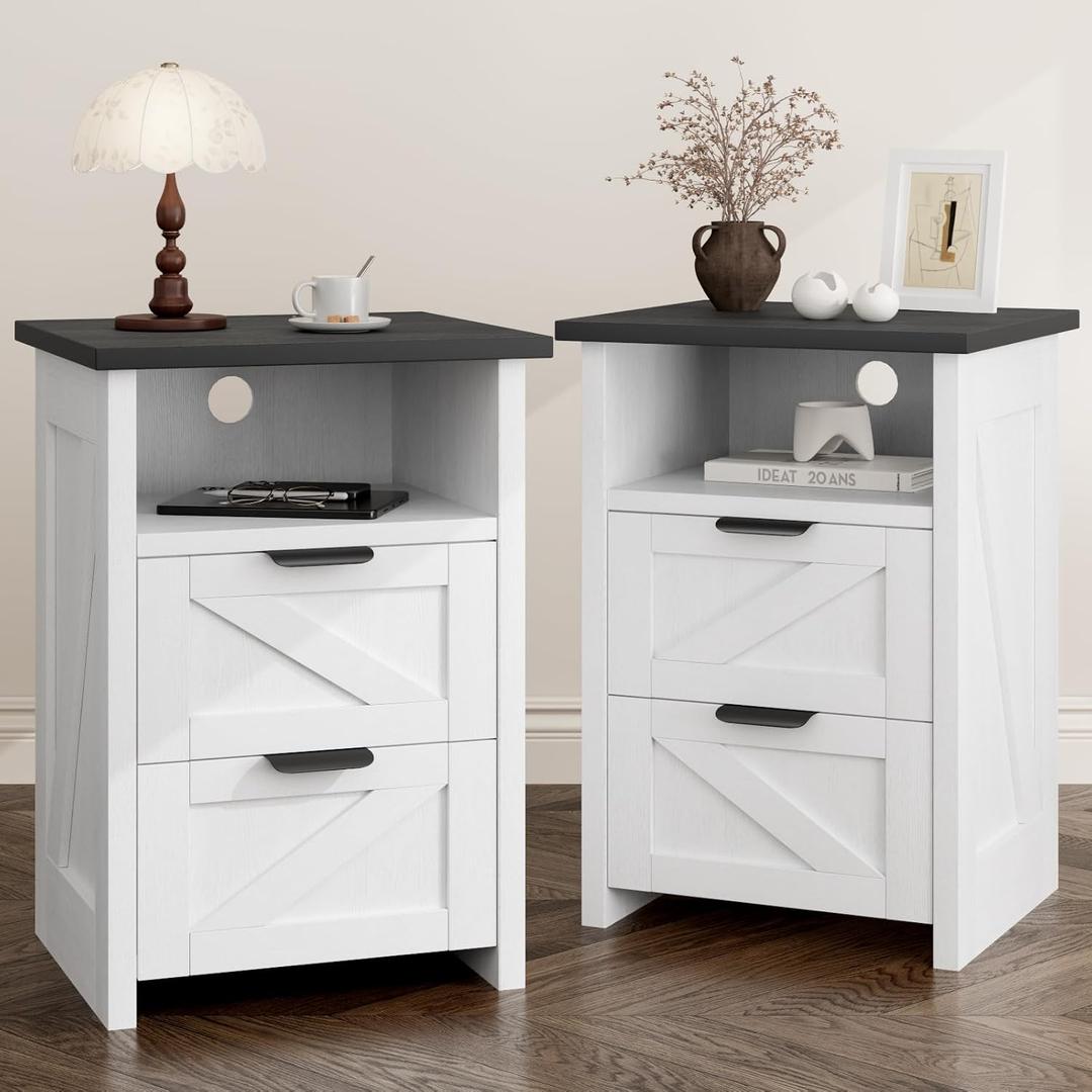 Farmhouse Night Stand Set of 2, Bed Side Table with 2 Drawers and Storage Shelf, Rustic White End Table for Bedroom, Living, Entryway, Office, Dorm, Small Spaces, White