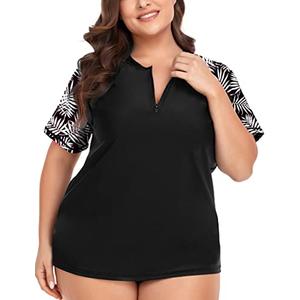 COOTRY Womens Plus Size Rash Guard Short Sleeve Swim Shirt UPF 50+ Sun Protection Zip Swimsuit Tops Black + Leaves 2XL