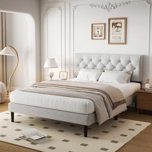Lijimei Queen Size Platform Bed Frame with Upholstered Button Tufted Headboard, Noise Free, No Box Spring Needed, Easy Assembly, Light Grey
