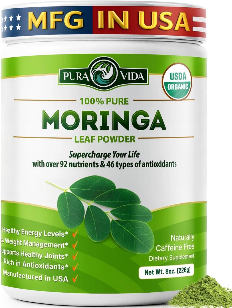 PURA VIDA MORINGA Organic Moringa Powder, Premium 100% Leaf Powder Single Origin - USDA Organic Moringa Oleifera Leaf, Perfect for Smoothies & Recipes, 8 oz, Exp 11/2027
