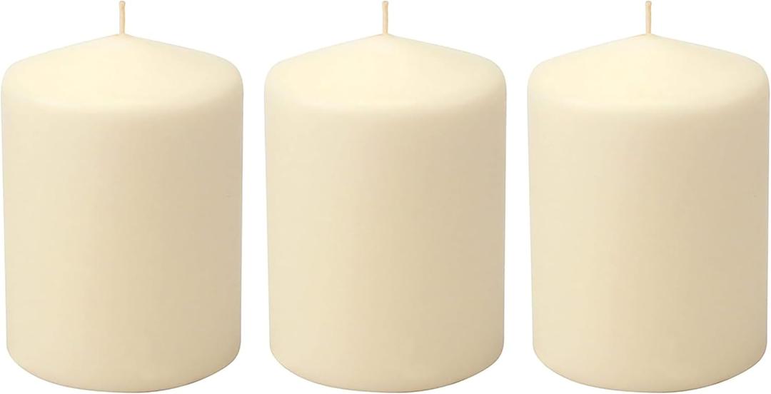 Stonebriar 3 Pack Tall 3 x 4 Inch 35 Hour Long Burning Unscented Ivory Wax Pillar Candles