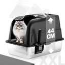 Stainless Steel Cat Litter Box with Lid, XL Large Enclosed High Sided Cat Litter Box, Metal Cat Box with 120° Fully Transparent Detachable Lid, Scoop & Mat - Black