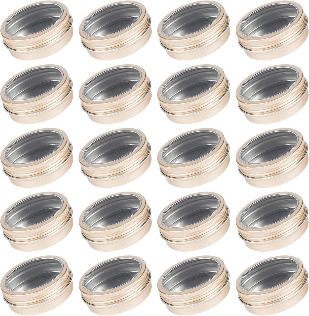 Art Secret 24 Pack 2 Ounce Screw Top Aluminum Tin Jar with Screw Clear Lid and Blank Labels, Refillable 60ml Metal Containers for Lip Balms, Candles, Salves, Spices, Crafts (Champagne)
