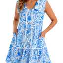 Wenrine Womens Mini Shirt Dress Casual Floral Sleeveless Collared Button Down Summer Dresses Light Blue, Small