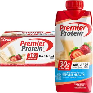 Premier Protein Protein Shake, Strawberries & Cream, 30g Protein, 1g Sugar, 11 fl oz Pack of 12, BB Date 12 APR 2026