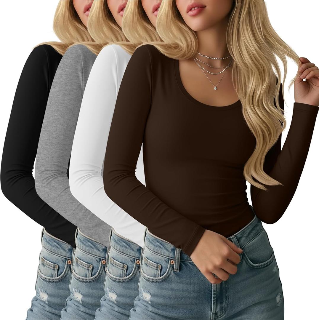 Ficerd 4 Pack Women's Scoop Neck Tops Long Sleeve Slim Fit T-Shirts Stretchy Tight Casual Plain Layering Shirts Tees (M)