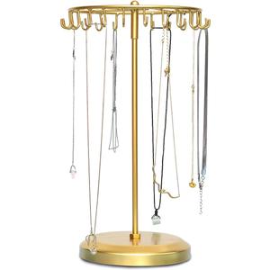 Rotating Necklace Holder Jewelry Display Stand Bracelet Organizer Hanging Tower Rack with 23 Hooks and Round Base Jewelries Collection 17.8inch Gold