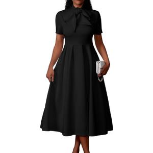 Memoriesea Women's Elegant Casual Short Sleeve Work Party A-Line Dress with Pockets Black, XL