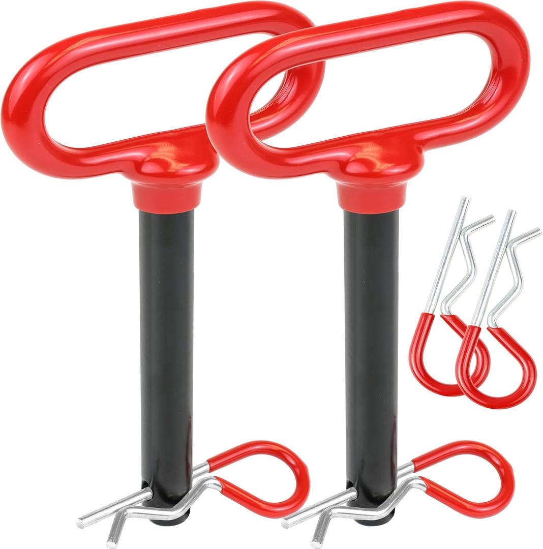 Wellmax 2-Pack 5/8" x 4-1/2" Steel Hitch Pin with 4pcs 3" R Clip, Clevis Pin Hitch with Rubber-Coated Handle, Red Color