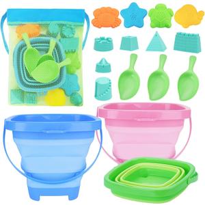 Collapsible Foldable Beach Sand Buckets and Shovels Set - Beach Toys for Kids with Mesh Bag & Sand Molds, Silicone Beach Sand Pails for Travel, Kids and Toddlers
