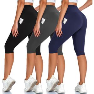 High Waisted 3 Pack Women's Capri Pants - Knee Length Yoga Shorts, Biker Workout Leggings for Women,Summer Activewear, Small-Medium