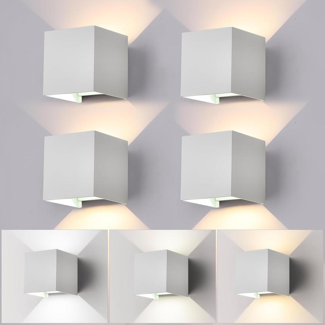 4 Pack LED Outdoor Wall Sconces Exterior/Interior,Modern square Wall Sconce Fixture Set, Variable Beam Outdoor Porch I65 Waterproof Lights, 12W Warm Light 3000K Up and Down Wall Lights(White)