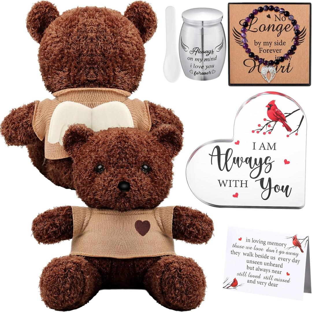 Kenning Cremation Keepsake Urn for Ashes Set, Memorial Bear with Mini Urn & Spoon, Acrylic Heart Memorial Plaque, Angel Wing Bracelet, Sympathy Bereavement Gift for Loss of Loved One or Pet (Black)