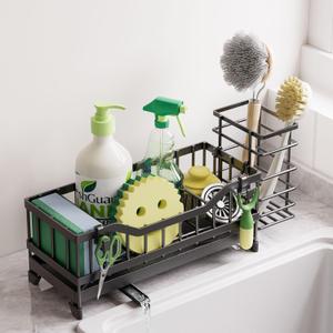 Sponge Holder for Kitchen Sink, Kitchen Sink Caddy with Long-Handled Dish Brushes Holder, 304 Rustproof Stainless Steel Countertop Organizers and Storage, Home Kitchen Sink Accessories(Black)