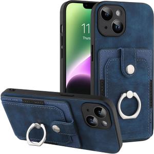 Case for iPhone 14 Wallet Case with Card Holder 360 Rotation Finger Ring Holder Stand, PU Leather Case Shockproof Protection Phone Case for Men WomenDark Blue
