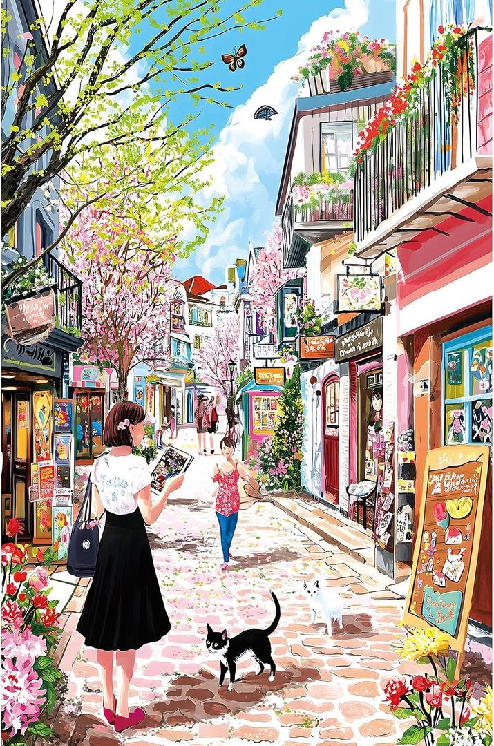 500 Pieces Cherry Blossom Puzzle, Pink Street Jigsaw Puzzle for Adults, Colorful Spring Scene Art Puzzle for Perfect Family Challenge Game Nights
