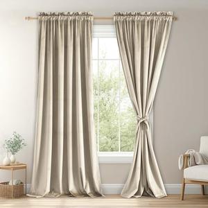 JIUZHEN Beige Velvet Curtains 96 inches for Living Room - Soft Retro Blackout Velvet Drapes Rod Pocket Room Darkening Thermal Insulated for Bedroom/Gallery, 52W x 96L, 2 Panels with Tiebacks