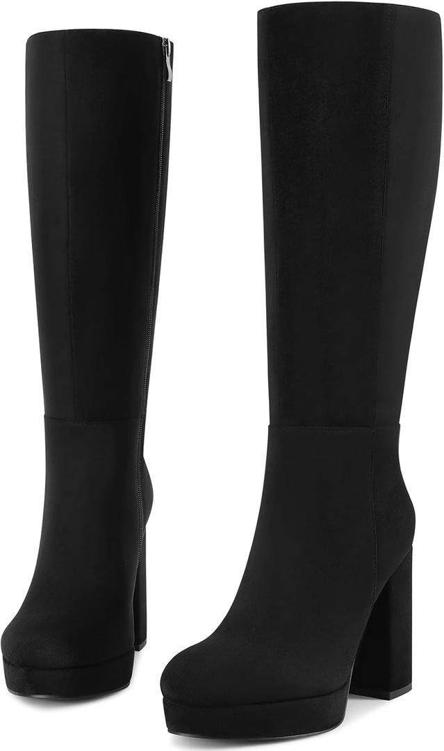 Platform Knee High Boots Women Chunky High Heel Boots for Women Round Toe Side Zipper Tall Boots Gogo Boots Wide Calf (9.5, Black Suede)
