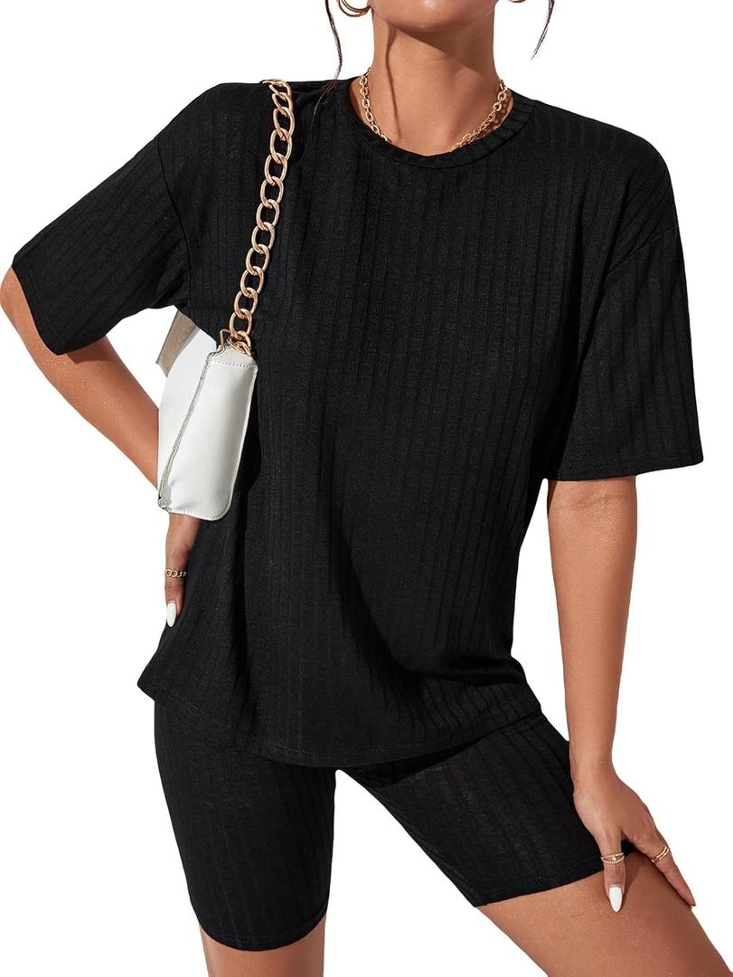 WDIRARA Women's Petite 2 Piece Outfits Ribbed Half Sleeve Tee Top and Biker Shorts Set (Black, S)