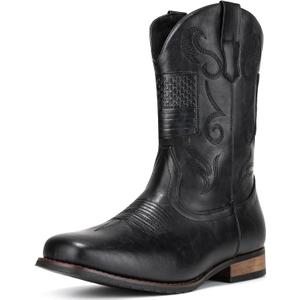 IUV Cowboy Boots For Men Western Boot Classic American Flag Embroidered Square Toe Mid-Calf Boots (11, Black)