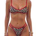 MakeMeChic Women's Micro Tanning Bikini Sets Cheetah Gingham Sexy Tiny Bathing Suit Swimsuit Leopard Brown Red Medium